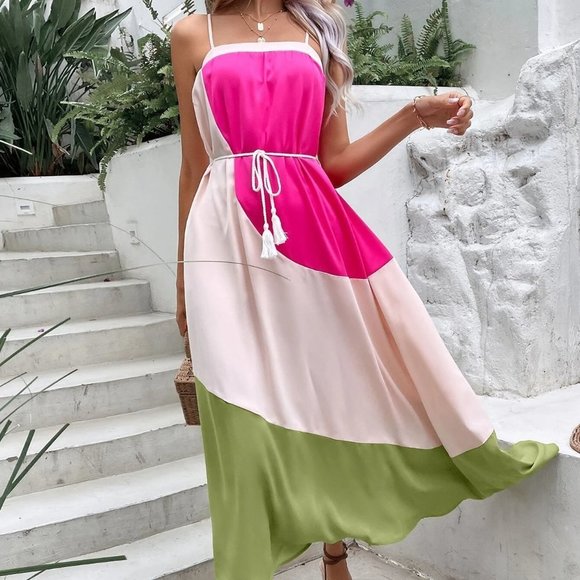 . Dresses & Skirts - Multicolor Boho Womens Colorblock Tassel Belted Cami Dress